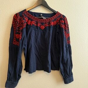 Anthropologie Navy and Red Embroidered Blouse